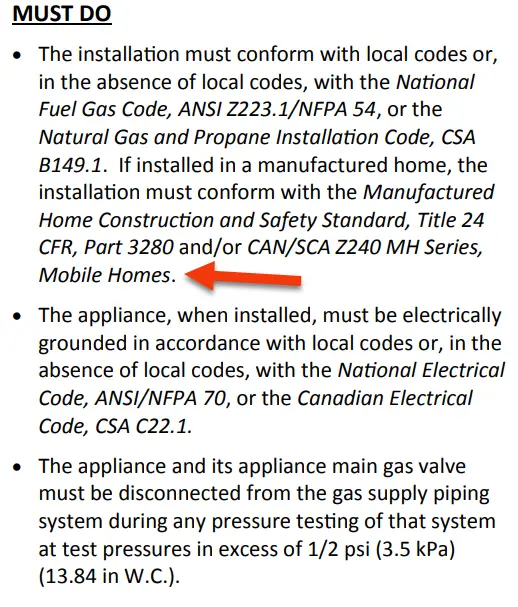 Enlarged portion of the Rinnai Direct Vent Tankless Water Heater Installation and Operation Manual showing that these water heaters must be installed according to HUD standards for manufactured homes (mobile homes).