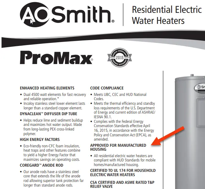Enlarged HUD Approved AO Smith Promax residential electric water heater spec sheet