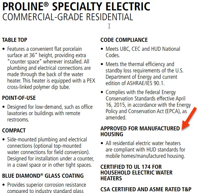HUD approved ProLine Specialty Compact Water Heater