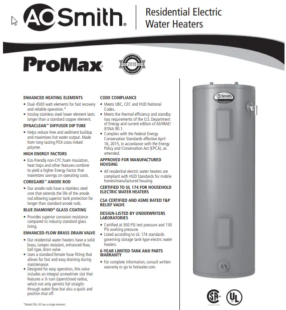 Page One of the AO Smith ProMax Spec Sheet for the ENT-50 water heater