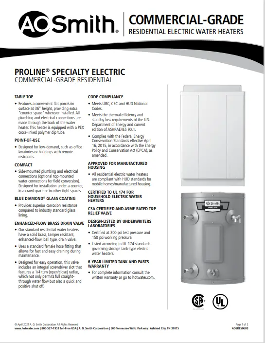 Page One of the Full sized AO Smith proline specialty electric water heater spec sheet