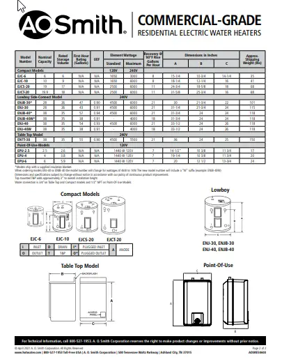 Page Two of the Full sized AO Smith proline specialty electric water heater spec sheet