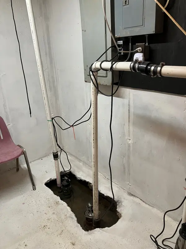 Two sump pumps in a basement sump pit.
